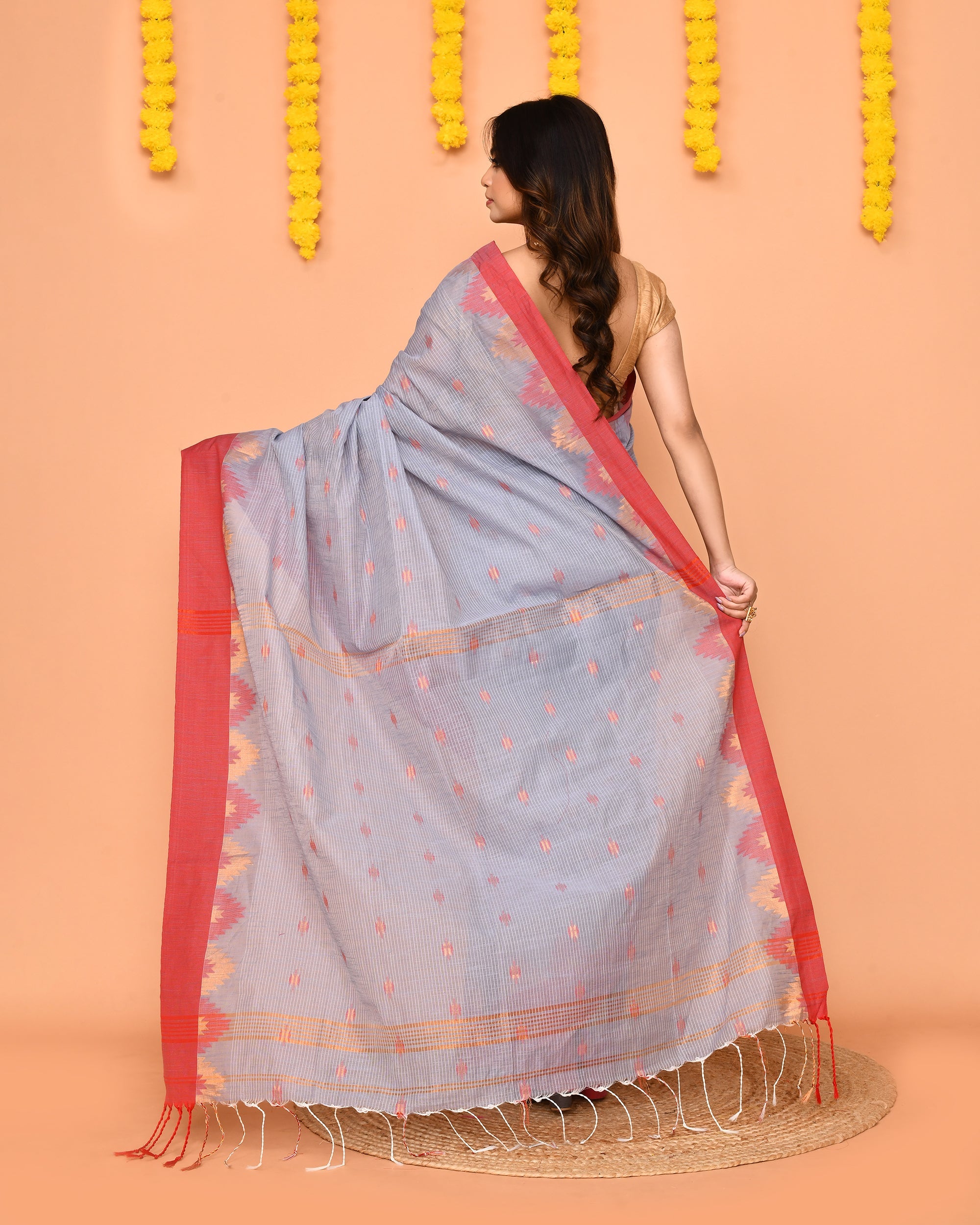 Sky Blue Cotton Blend Handloom Saree with Red Temple Border