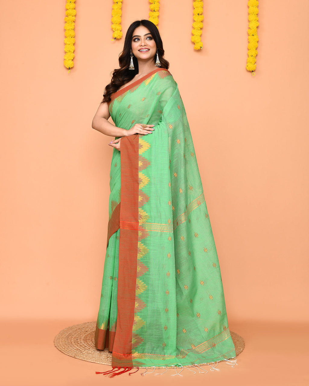 Green Cotton Blend Handloom Saree with Red Temple Border