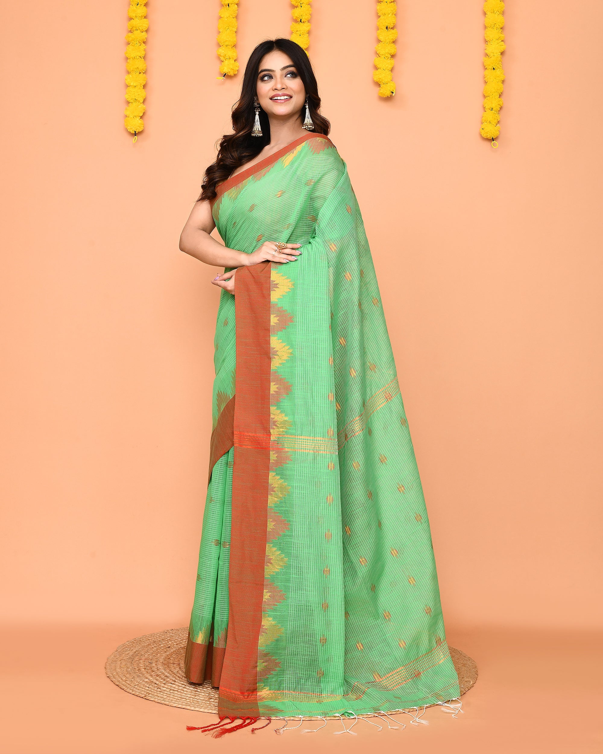 Green Cotton Blend Handloom Saree with Red Temple Border