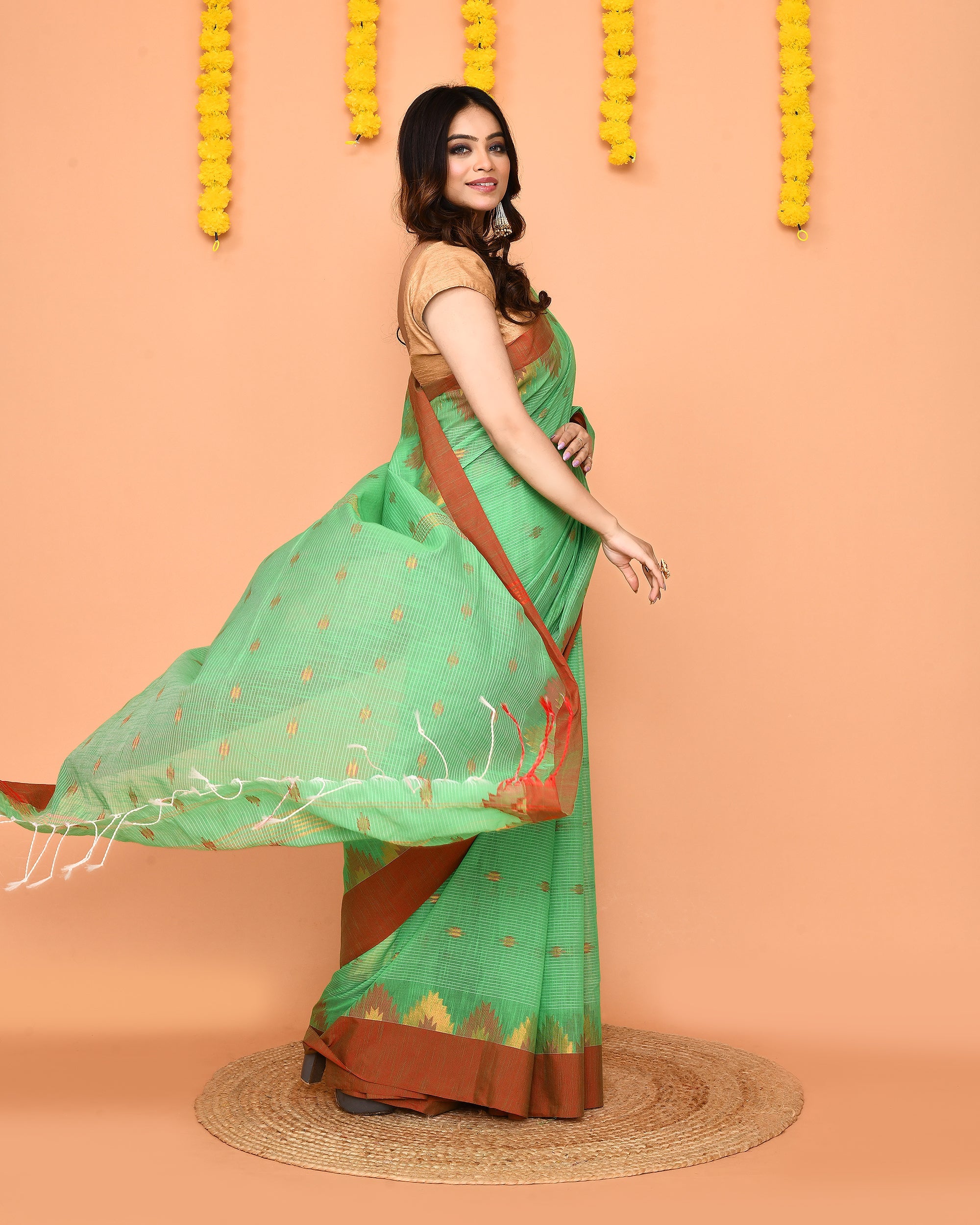 Green Cotton Blend Handloom Saree with Red Temple Border