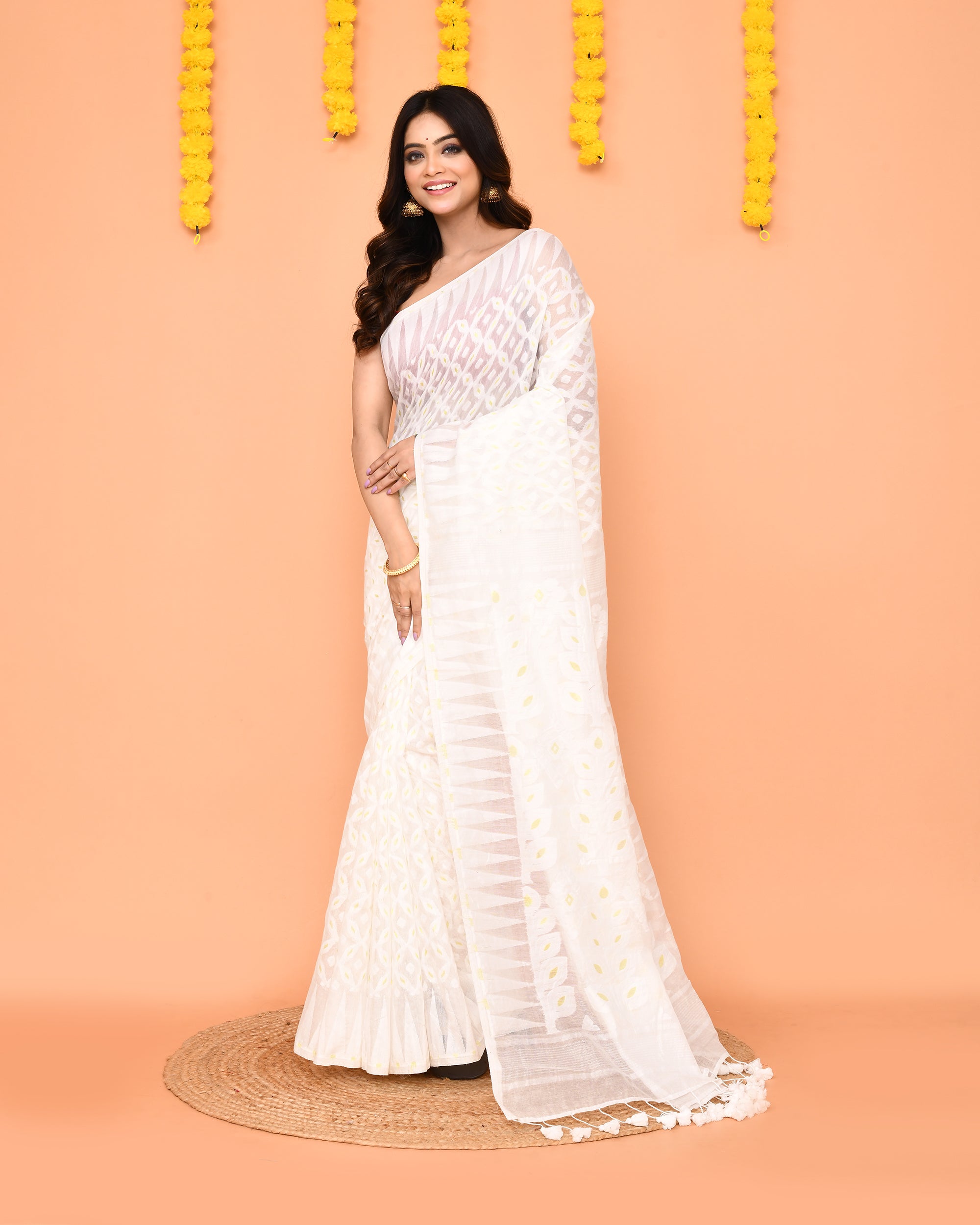 White Cotton Blend Jamdani Saree with Delicate Tassels
