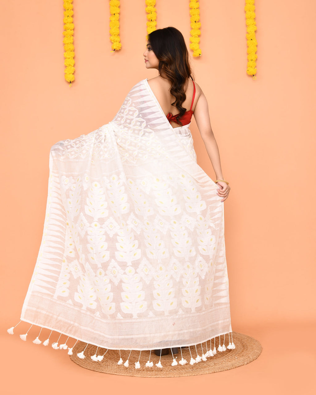 White Cotton Blend Jamdani Saree with Delicate Tassels