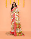 Off-white printed handspun cotton saree with Zari border