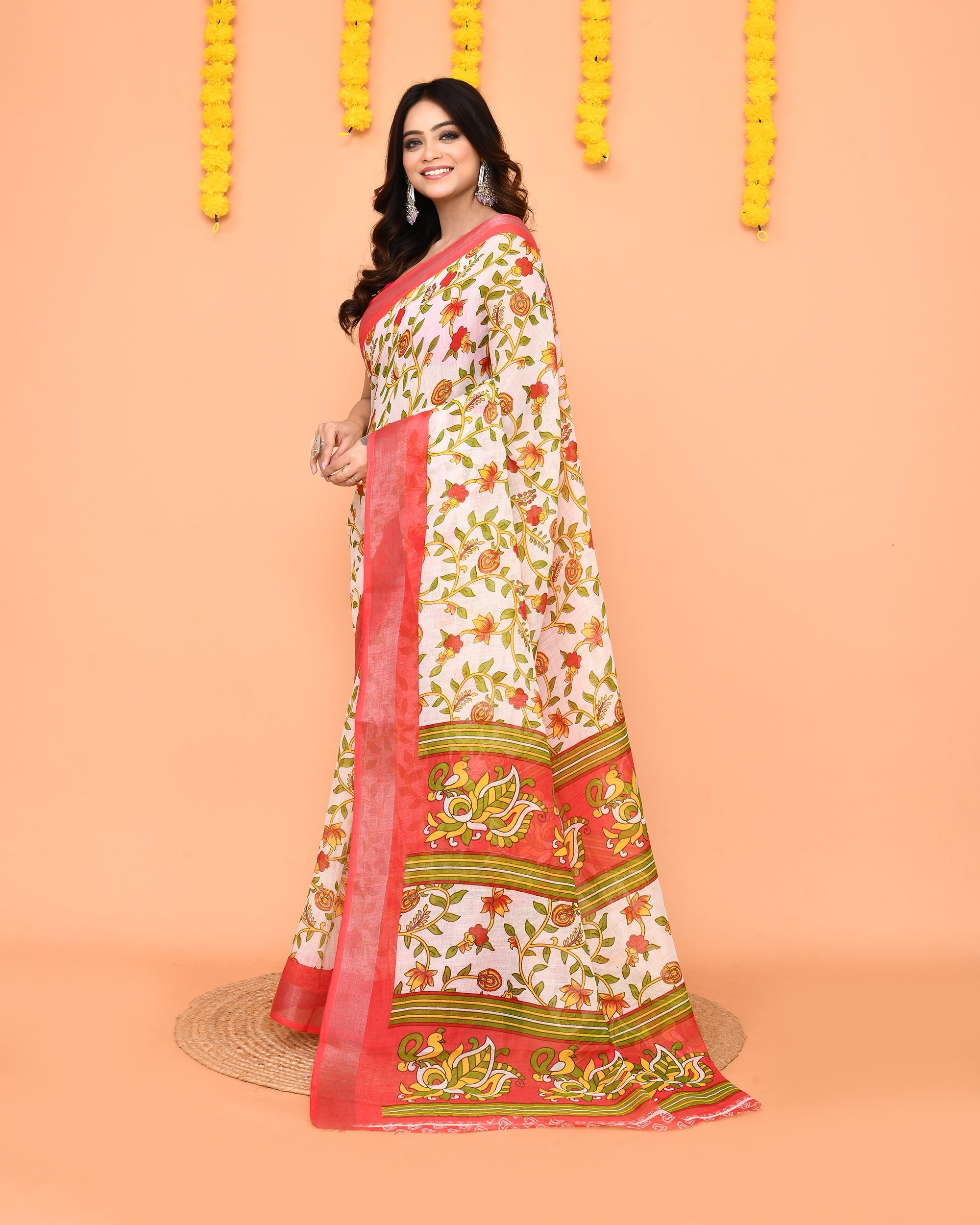 Off White Printed Cotton Saree with Zari Border