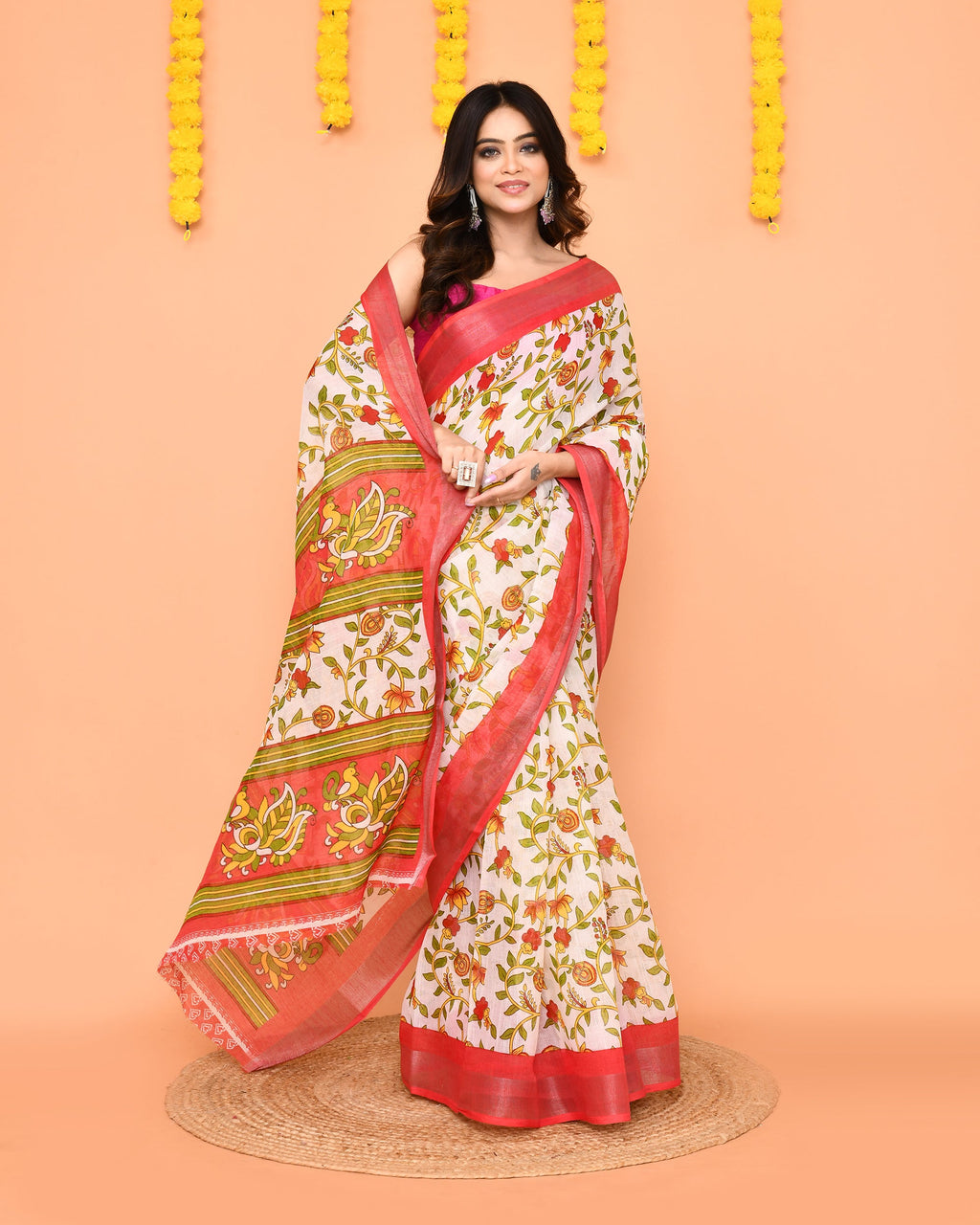 Off White Printed Cotton Saree with Zari Border