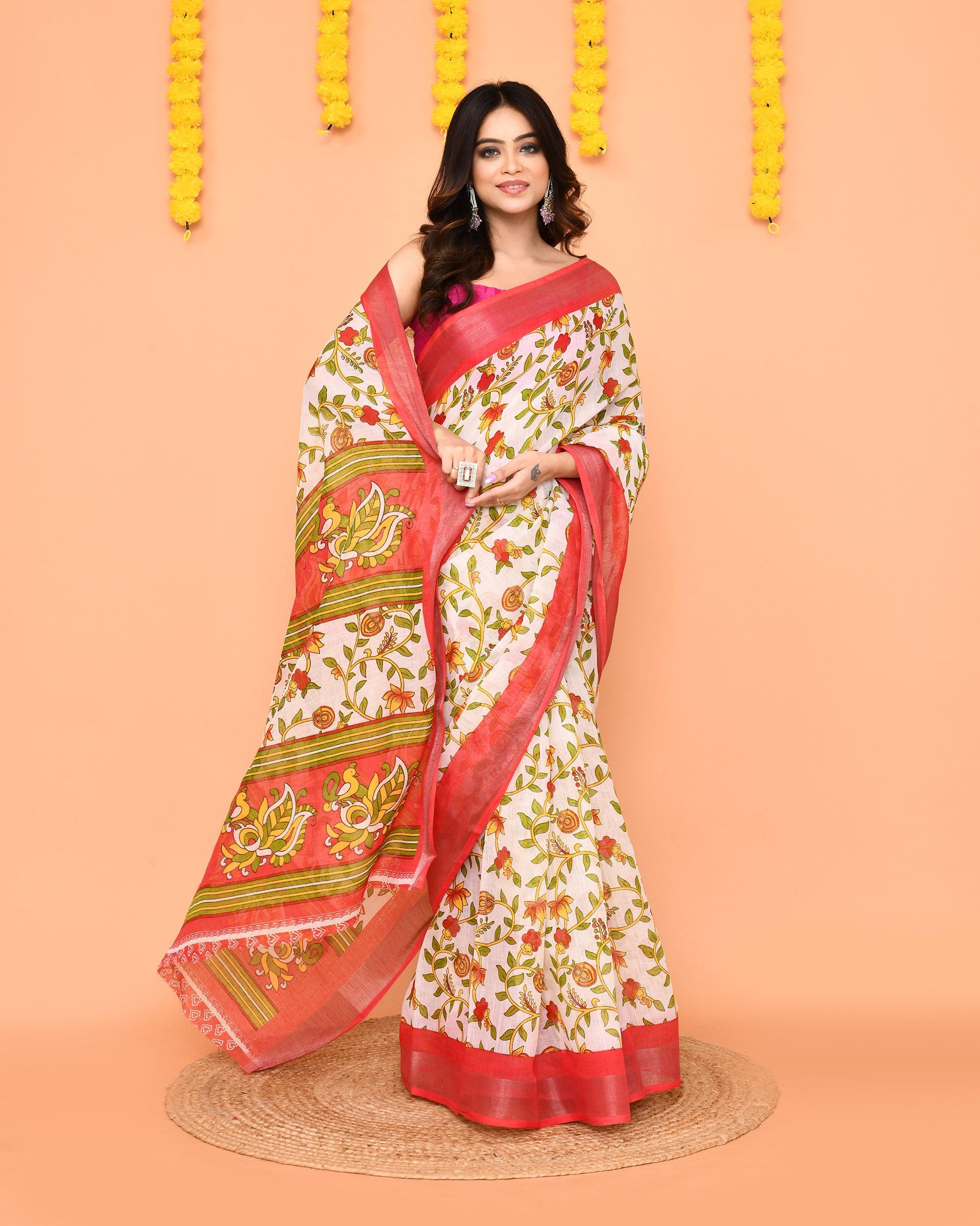 Off White Printed Cotton Saree with Zari Border