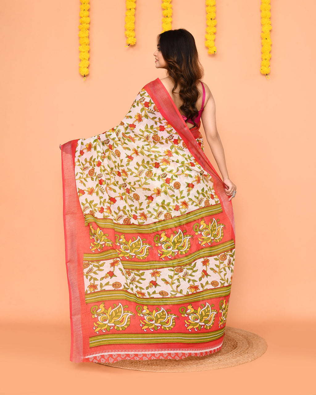 Off White Printed Cotton Saree with Zari Border