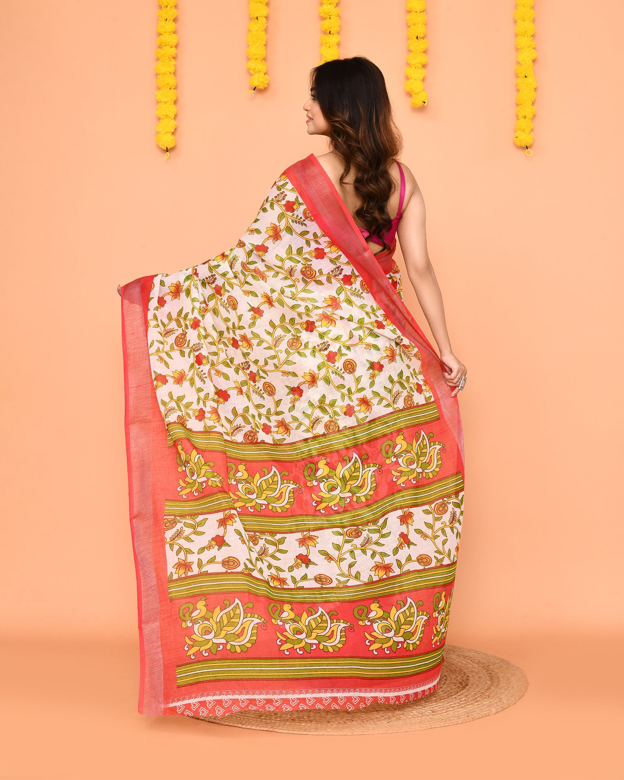 Off White Printed Cotton Saree with Zari Border