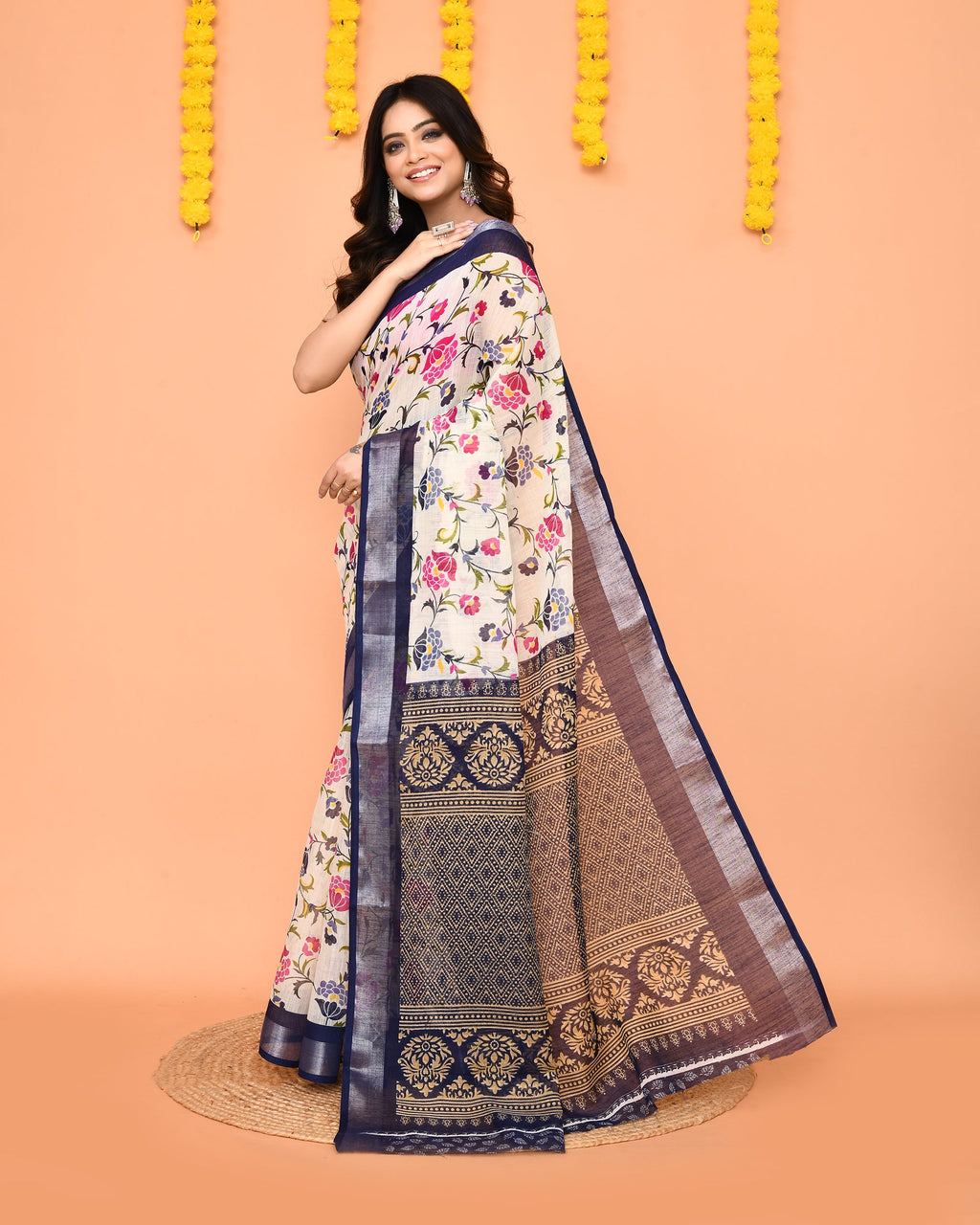 Off White Printed Cotton Saree with Elegant Zari Border