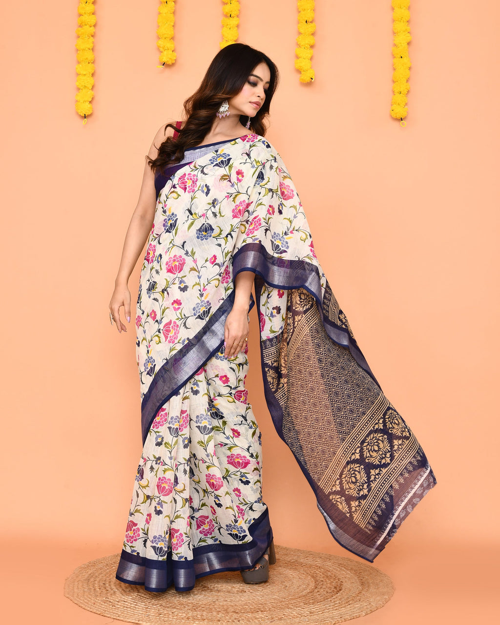 Off White Printed Cotton Saree with Elegant Zari Border