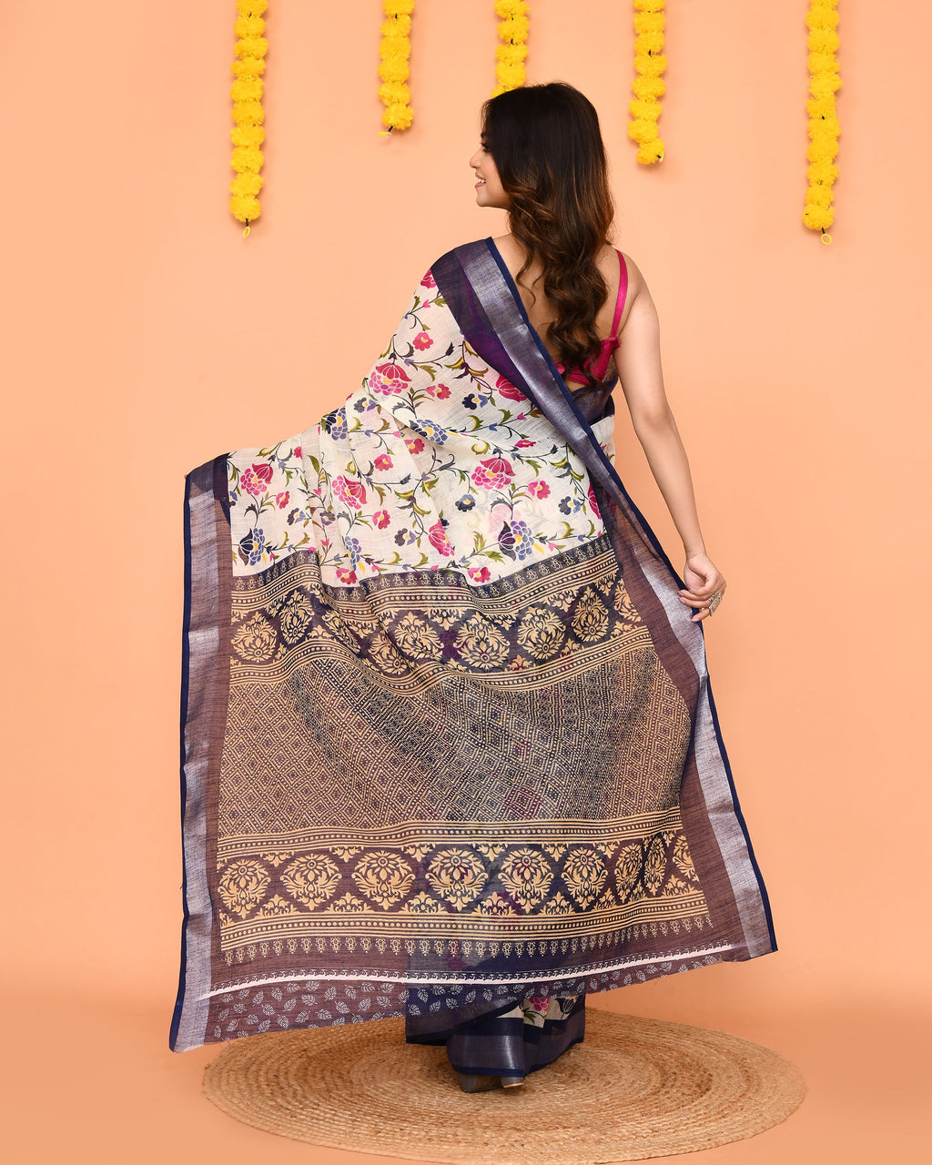 Off White Printed Cotton Saree with Elegant Zari Border