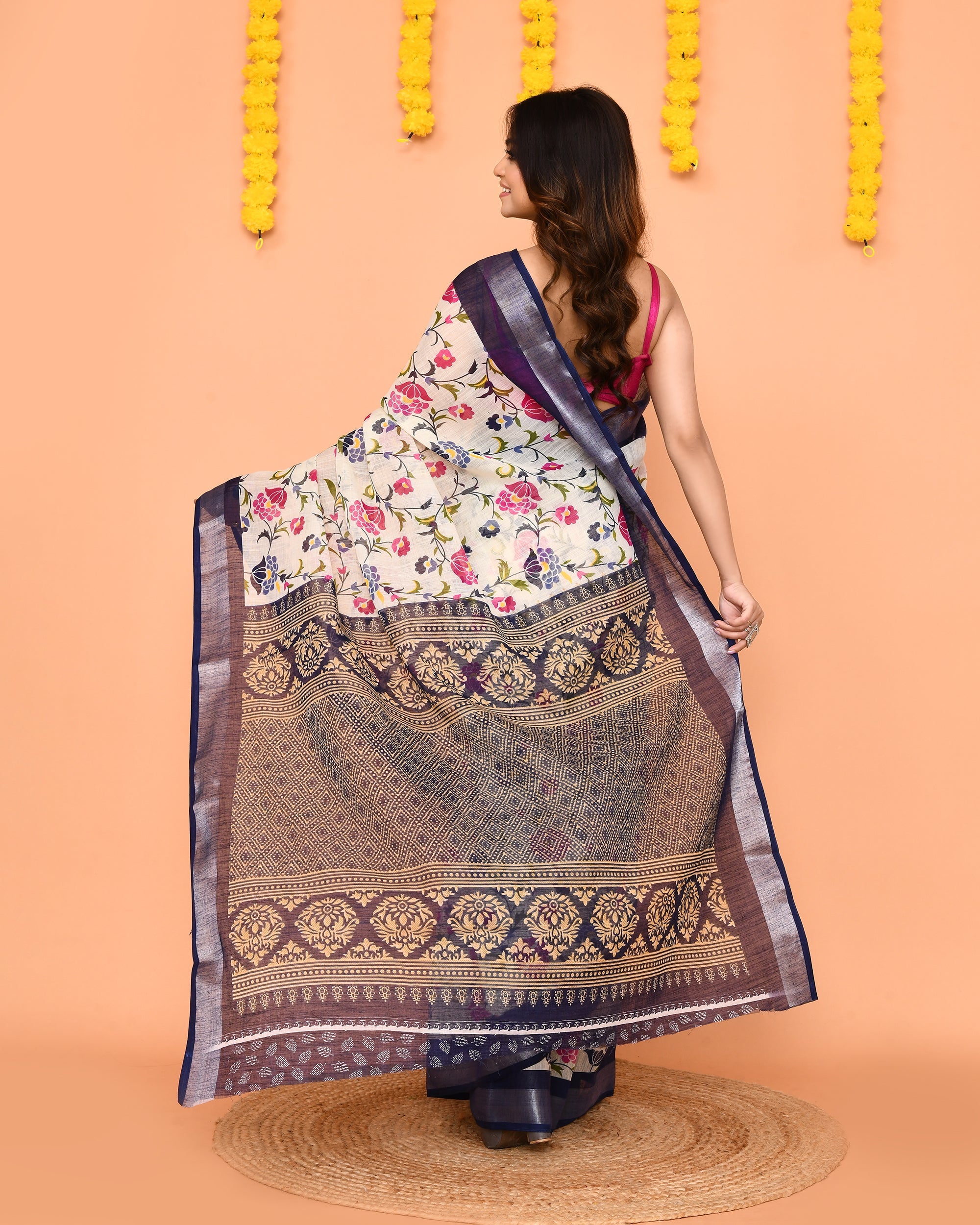 Off White Printed Cotton Saree with Elegant Zari Border