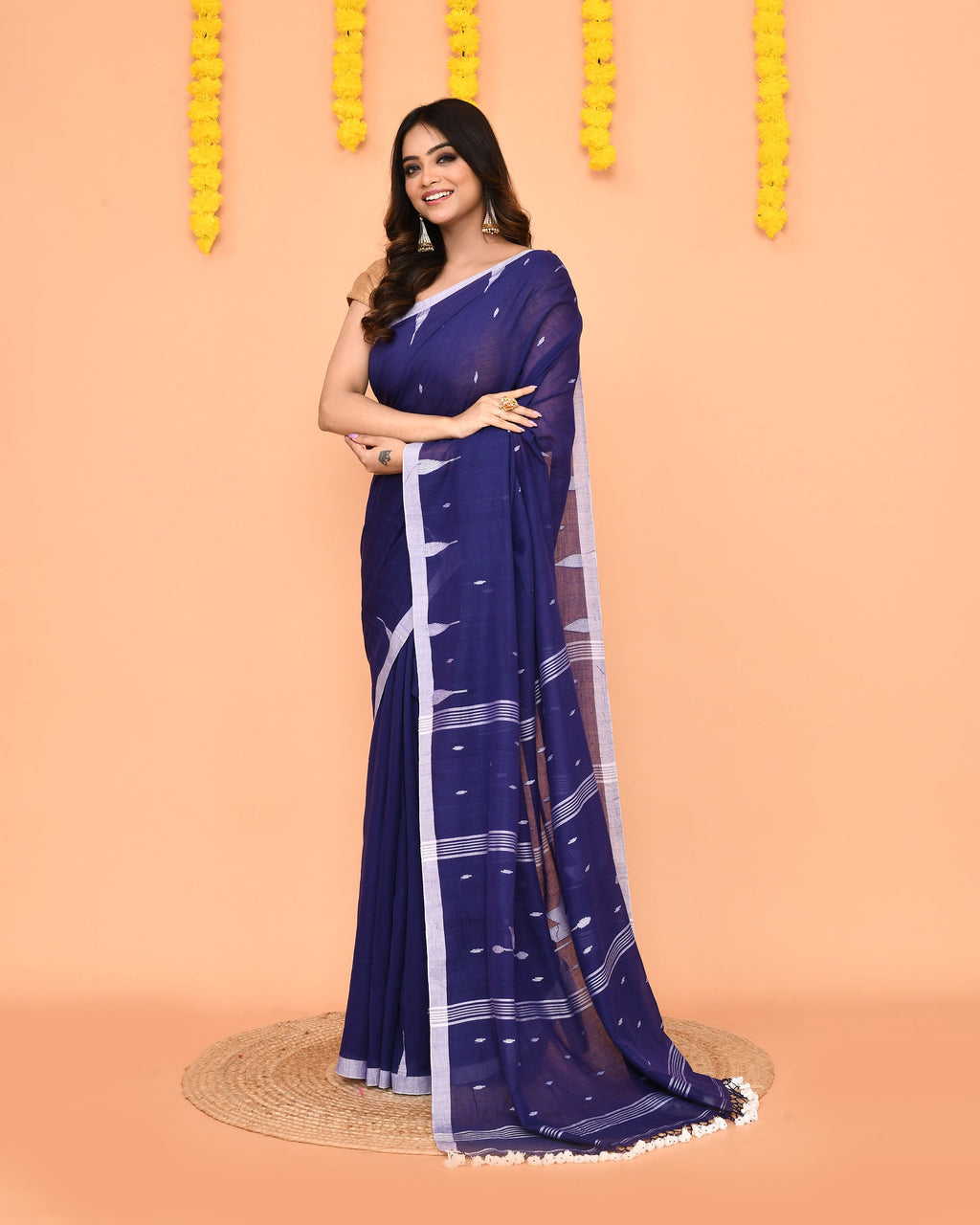 Soft Blue Mul Cotton Jamdani Saree with Net Tassels