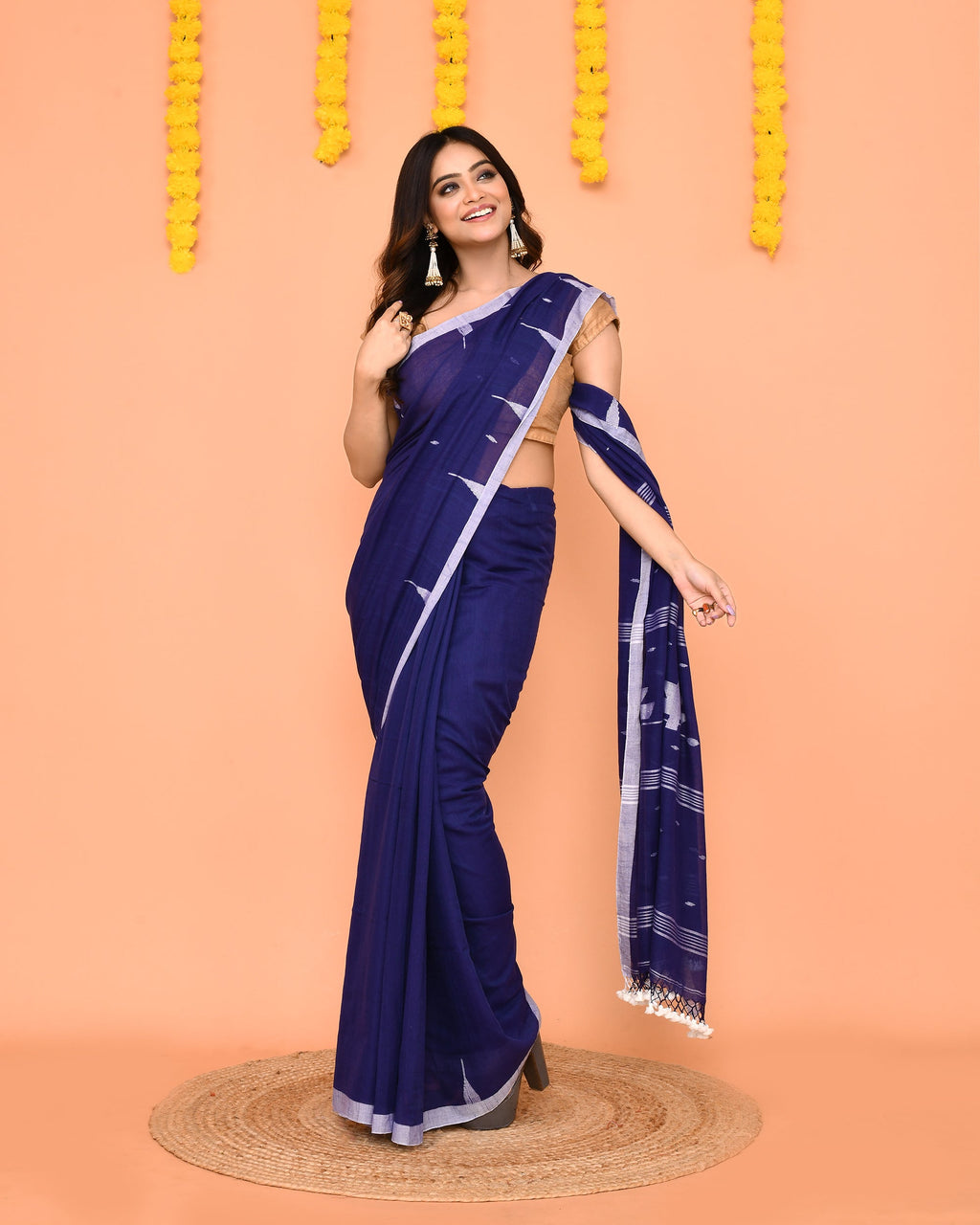 Soft Blue Mul Cotton Jamdani Saree with Net Tassels
