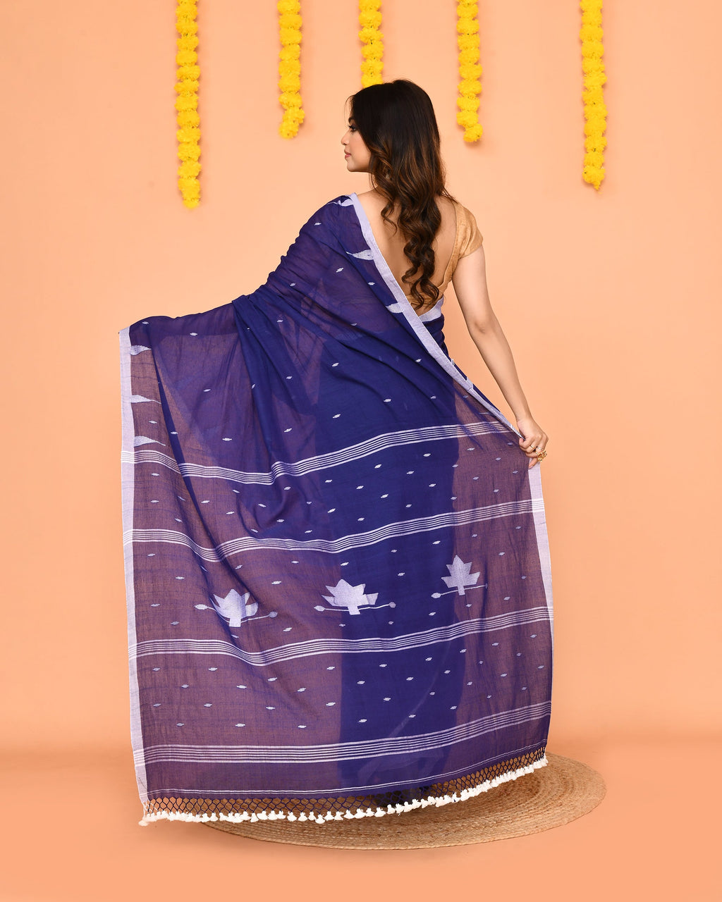 Soft Blue Mul Cotton Jamdani Saree with Net Tassels