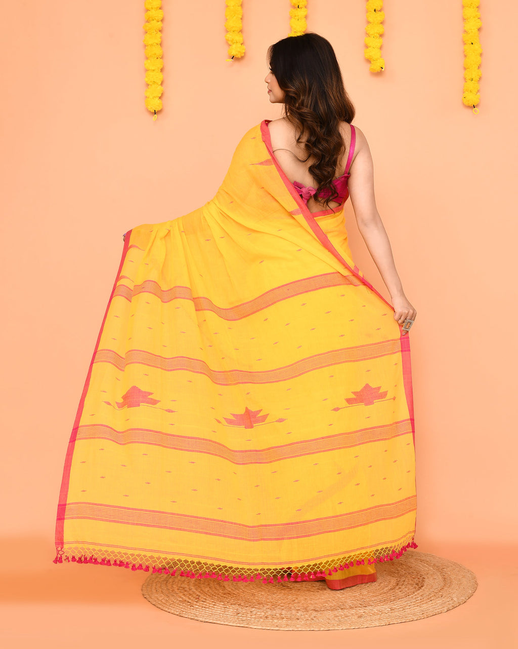 Piyari Fashion Soft Mul Cotton Yellow Jamdani Saree With Net Tassels