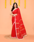 Beautiful red soft mul cotton Jamdani saree with delicate net tassels.