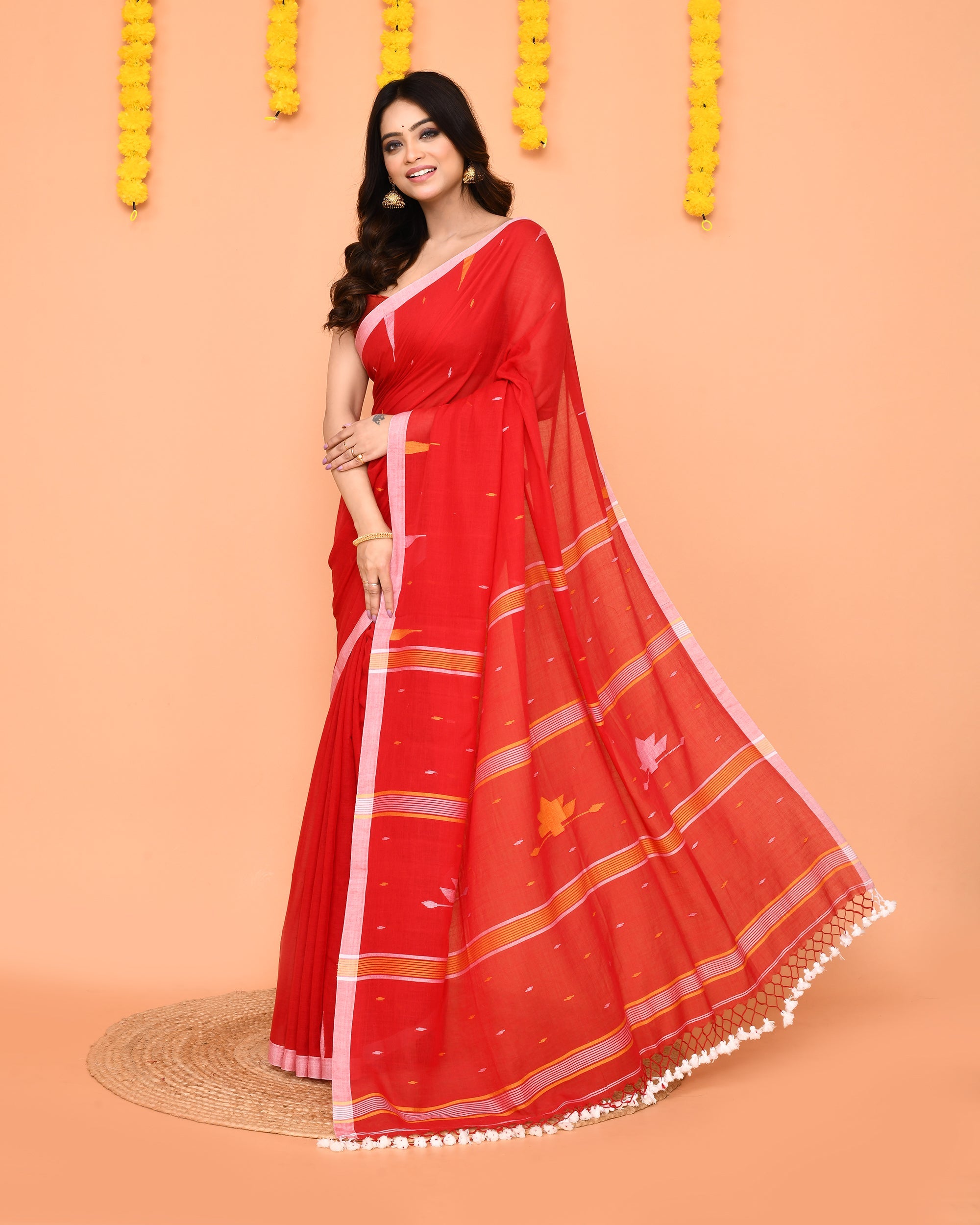 Soft Red Mul Cotton Jamdani Saree with Net Tassels