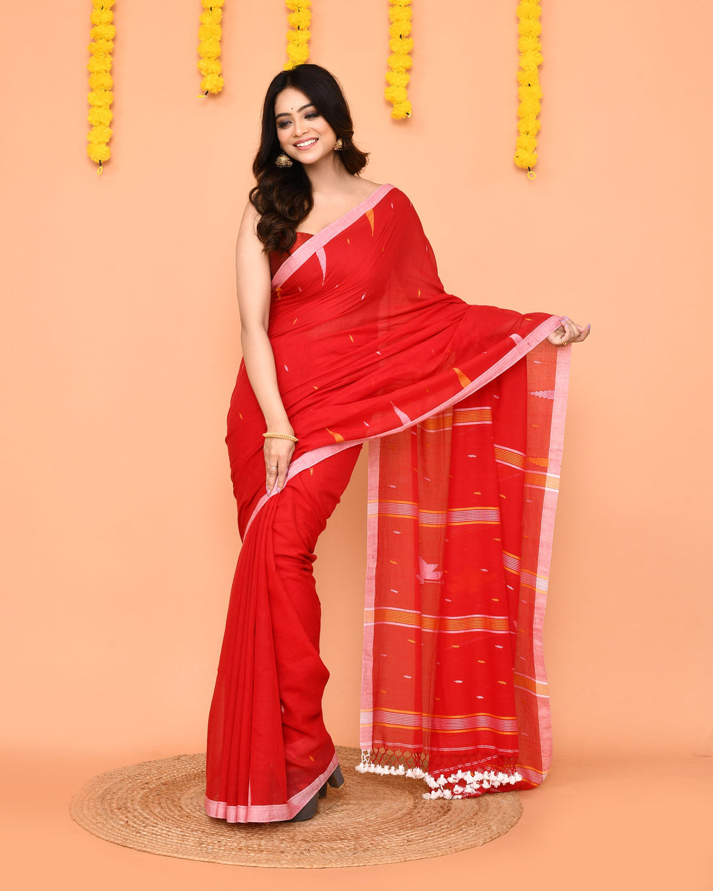 Soft Red Mul Cotton Jamdani Saree with Net Tassels