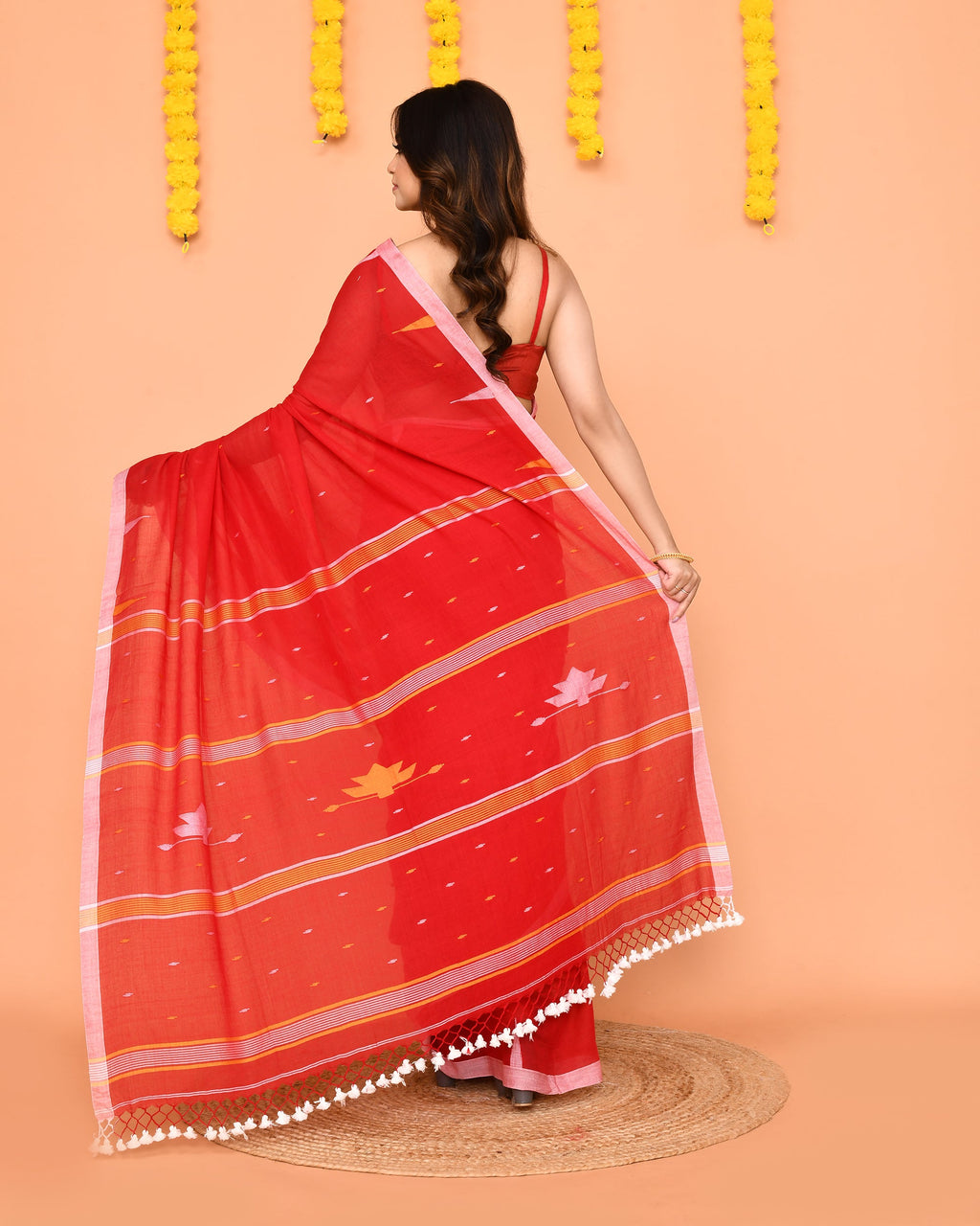 Soft Red Mul Cotton Jamdani Saree with Net Tassels