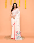 Classic white pure cotton handloom Jamdani saree with intricate weaving details.