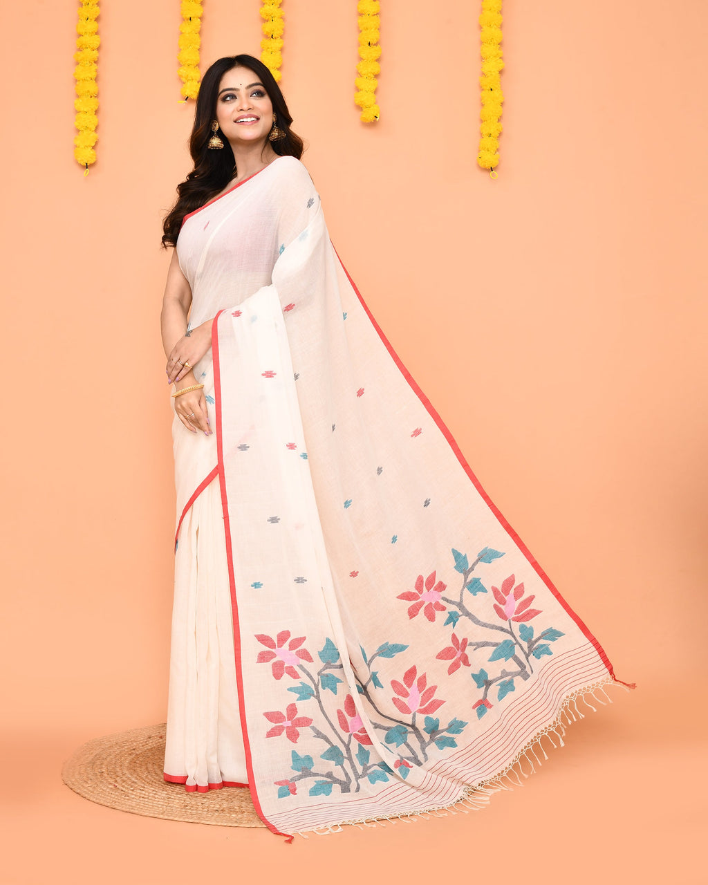 White Cotton Jamdani Saree Handloom Summer Ethnic Wear
