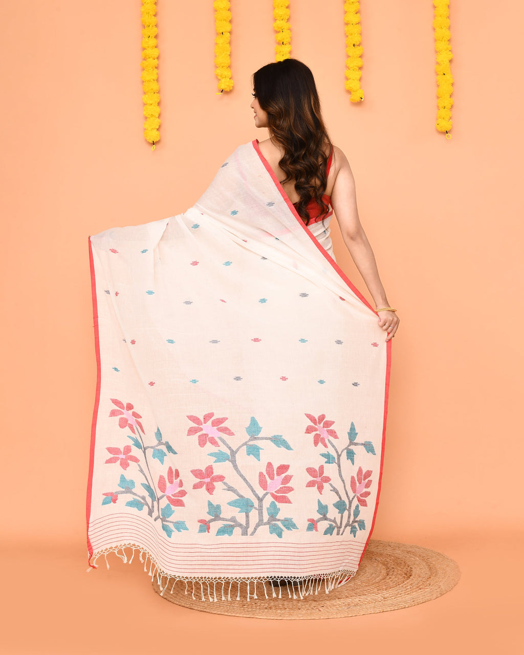 White Cotton Jamdani Saree Handloom Summer Ethnic Wear