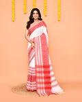 White handloom Jamdani cotton saree with intricate woven patterns
