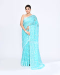 Aqua Embellished Cotton Blend Jamdani Saree with traditional motifs