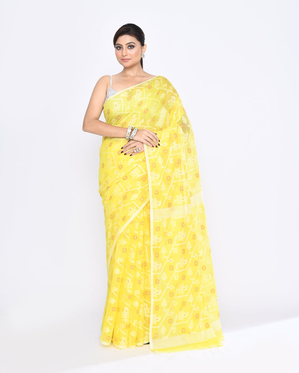 Bright yellow embellished Jamdani cotton blend saree