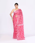 Pink cotton blend Jamdani saree with intricate woven details