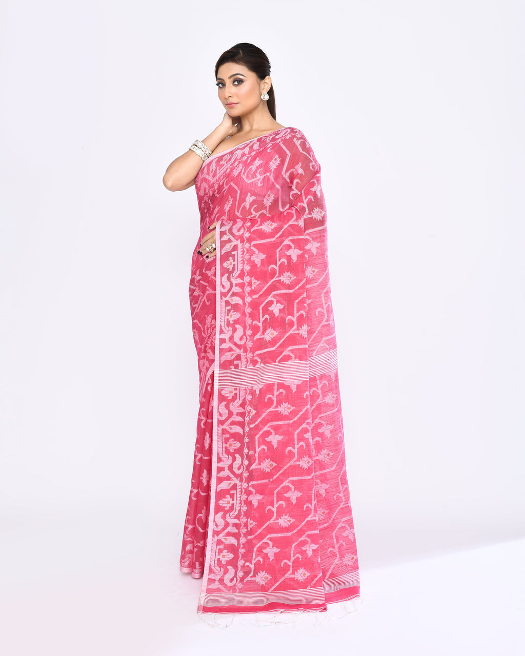Pink Embellished Cotton Blend Jamdani Saree