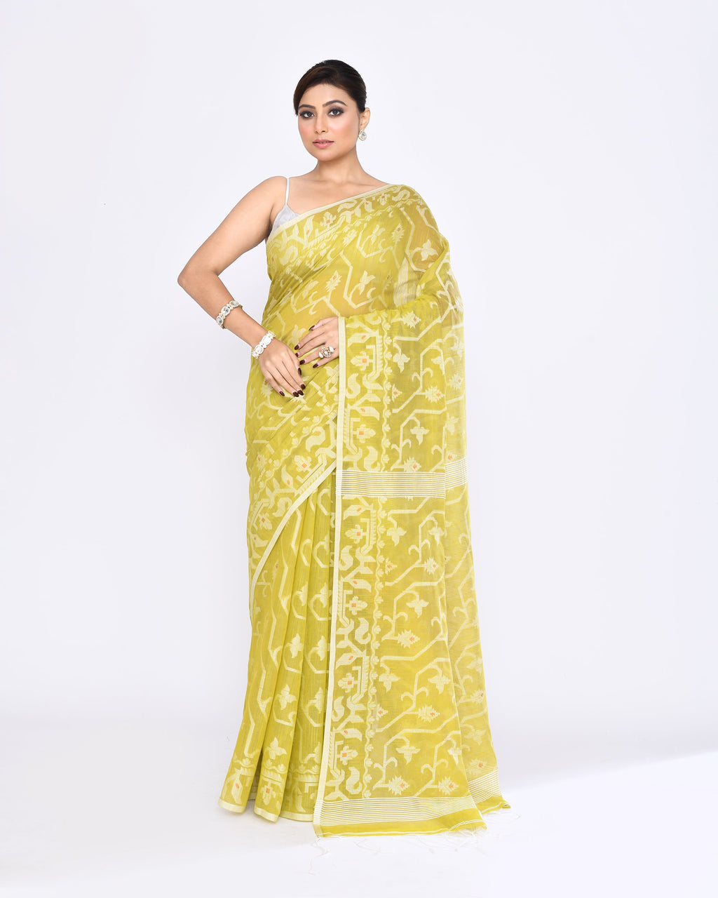 Straw Embellished Cotton Blend Jamdani Saree for Women
