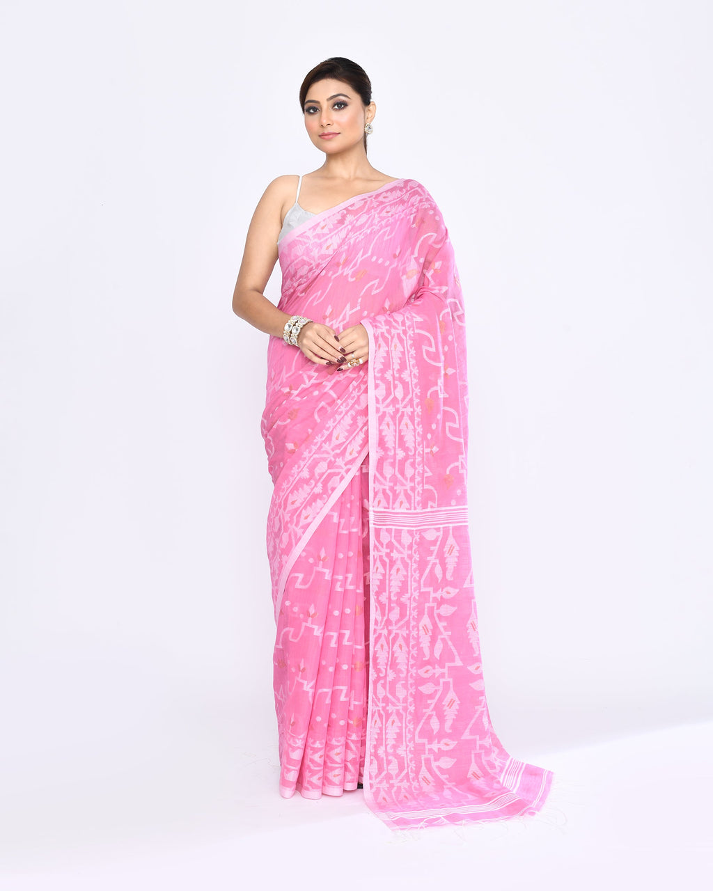 Pink Embellished Cotton Blend Jamdani Saree