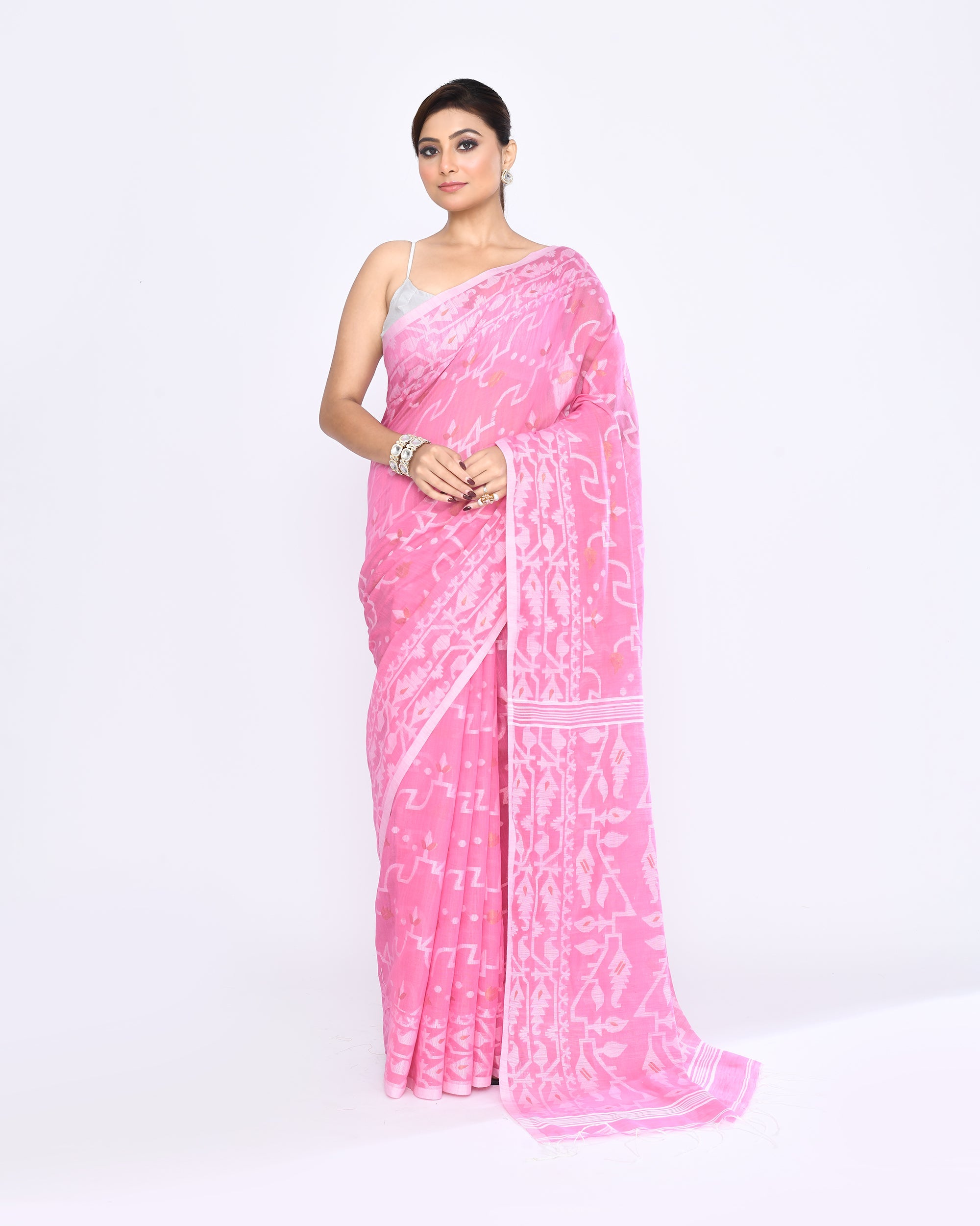 Pink Embellished Cotton Blend Jamdani Saree