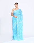 Turquoise Jamdani saree with embellishments and cotton blend fabric