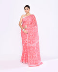 Salmon color cotton blend Jamdani saree with intricate embellishments