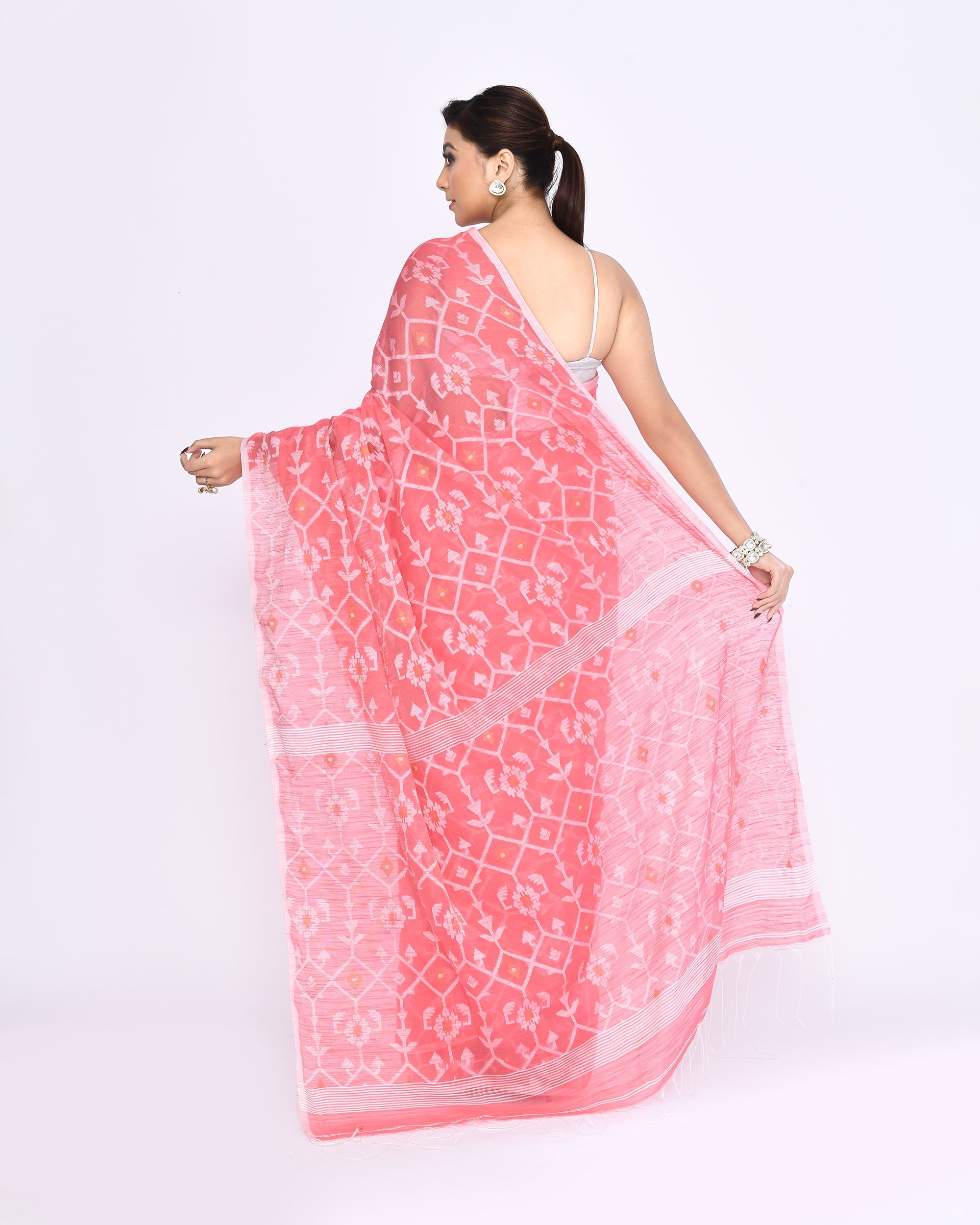 Salmon Embellished Cotton Blend Jamdani Saree