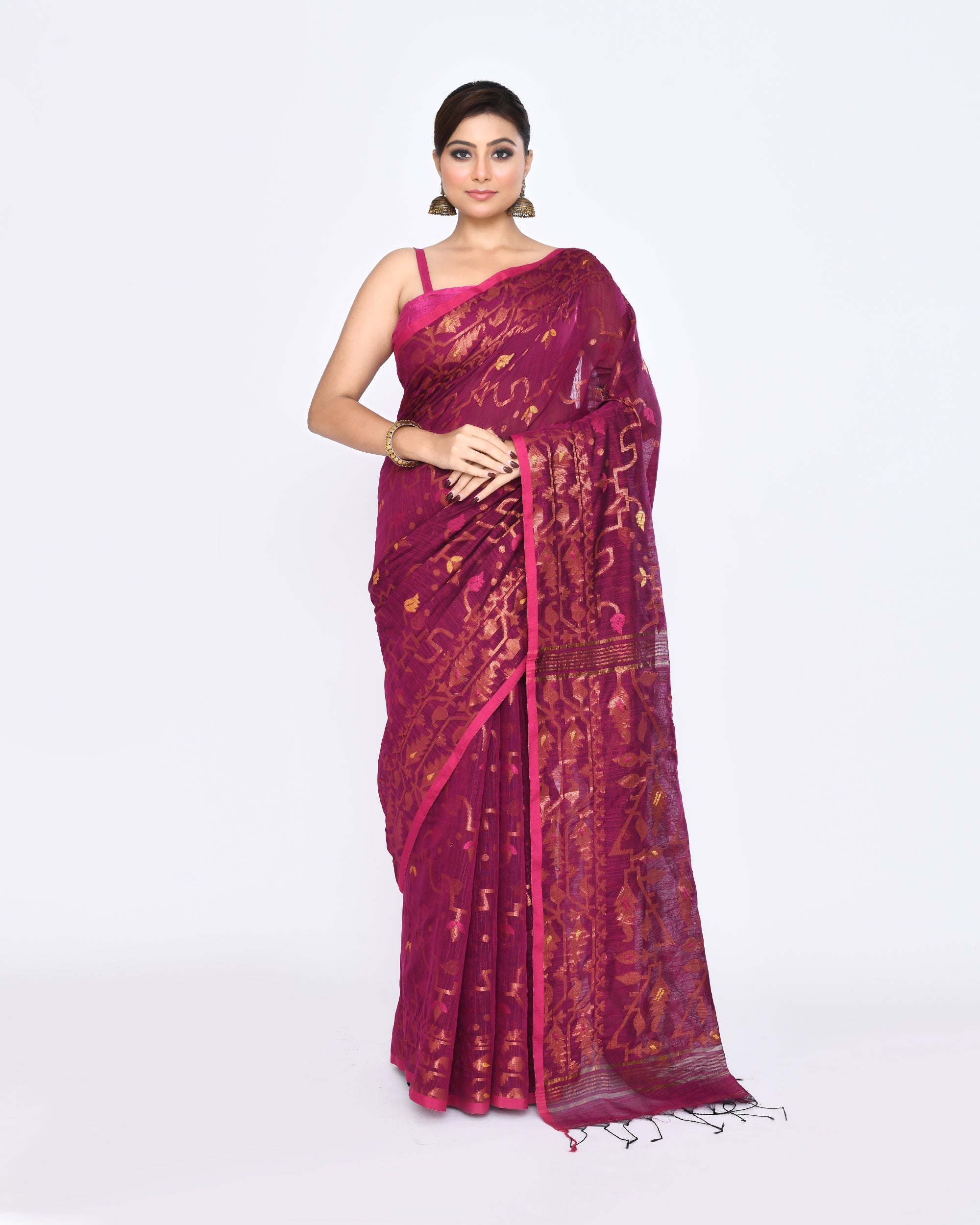 Pink Embellished Cotton Blend Jamdani Saree with detailed border