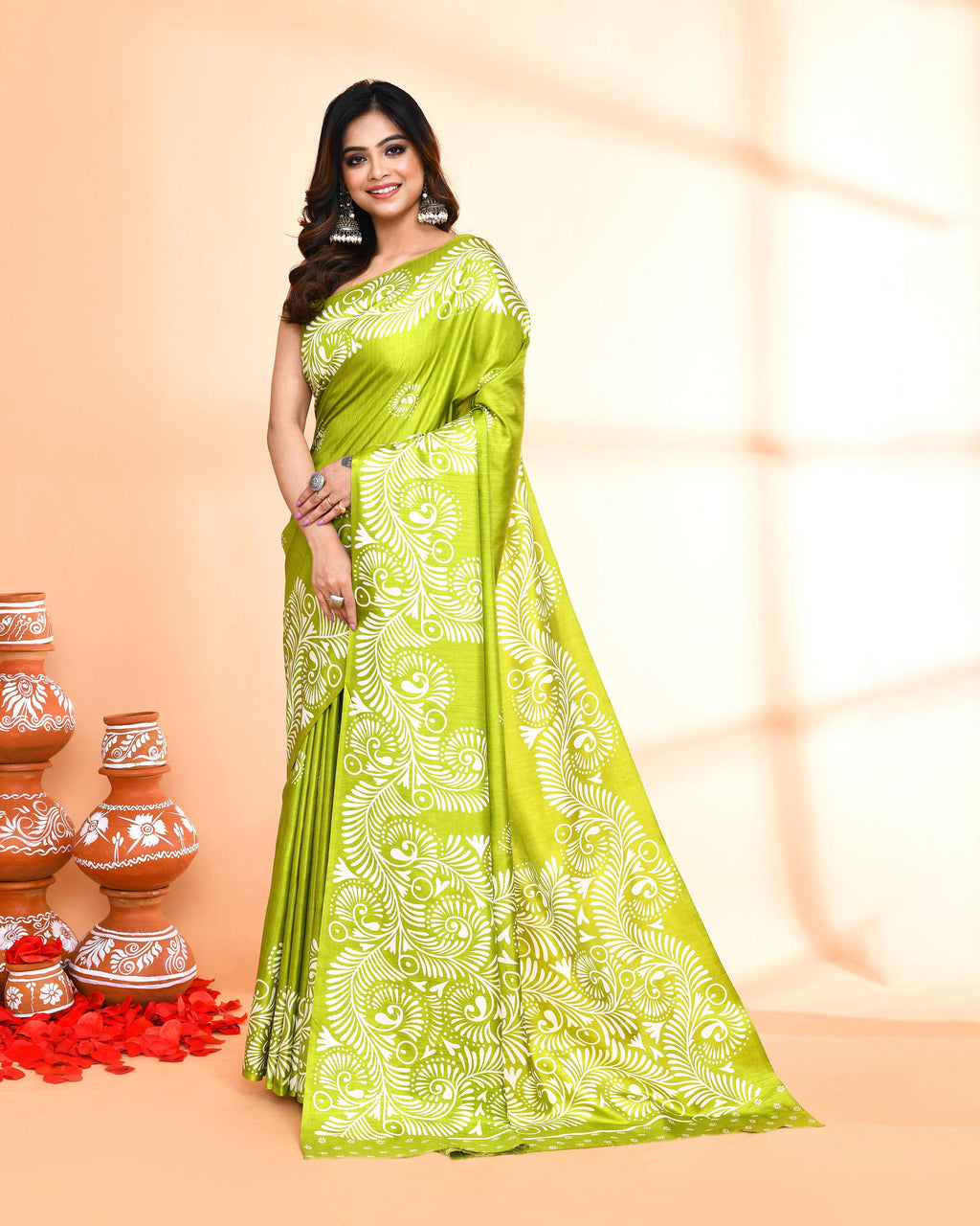 Olive printed cotton saree with matching blouse