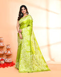 Olive printed cotton saree with matching blouse