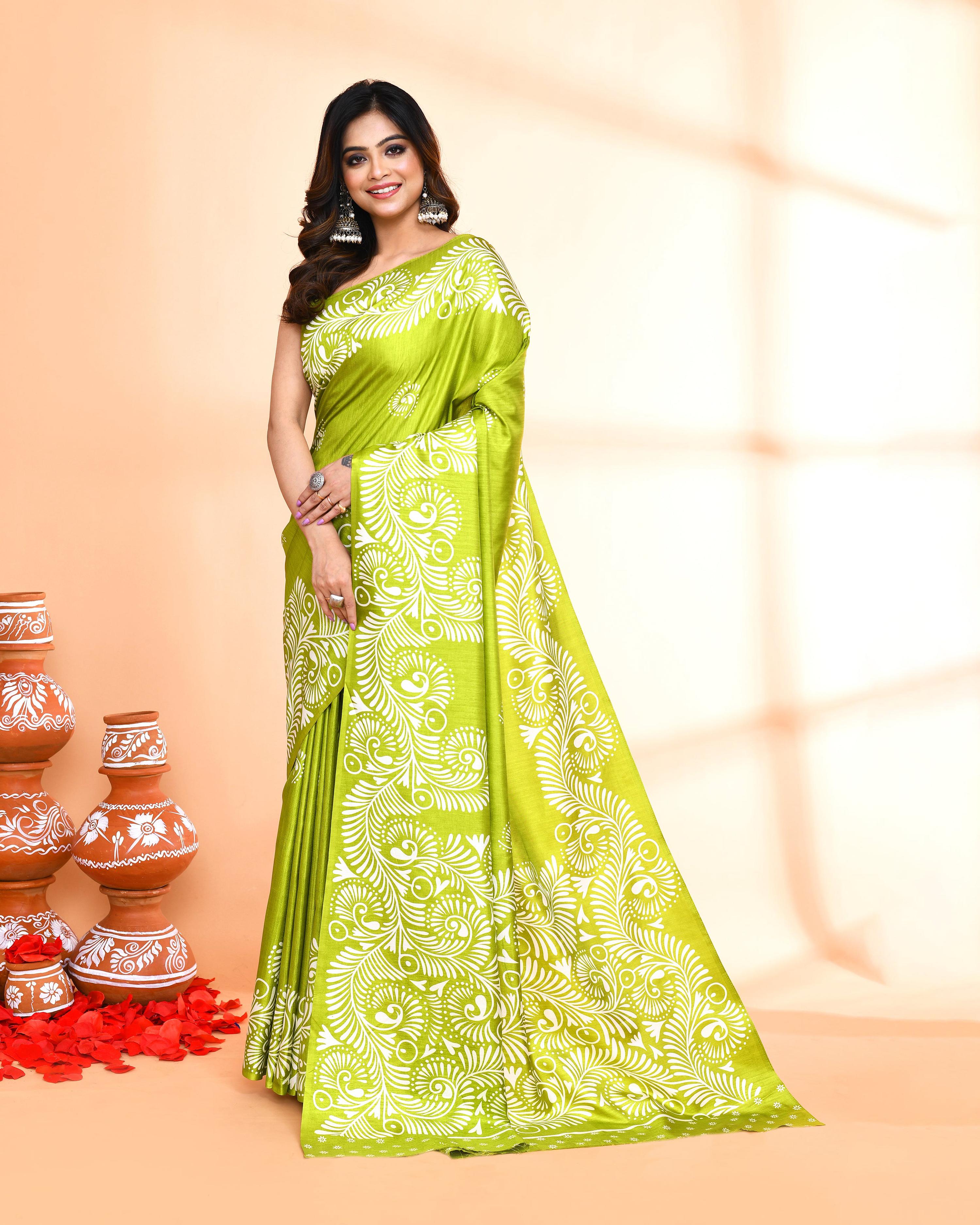 Olive printed cotton saree with matching blouse