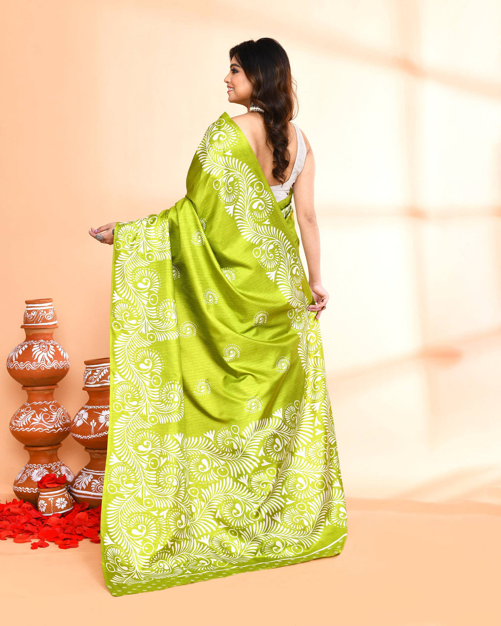 Olive Printed Cotton Saree with Matching Blouse