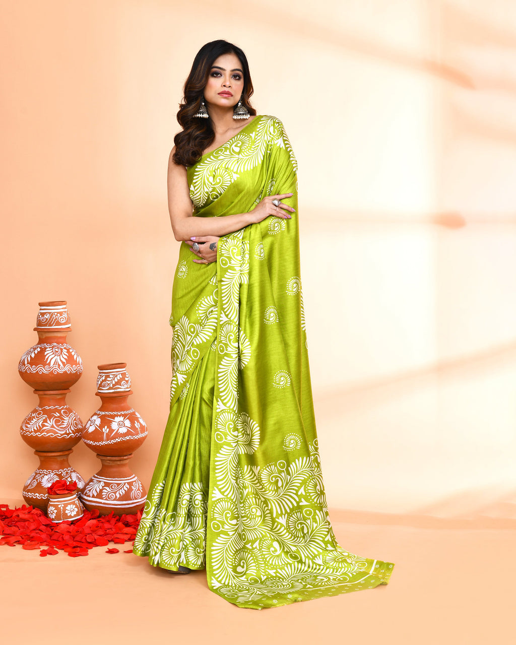 Olive Printed Cotton Saree with Matching Blouse
