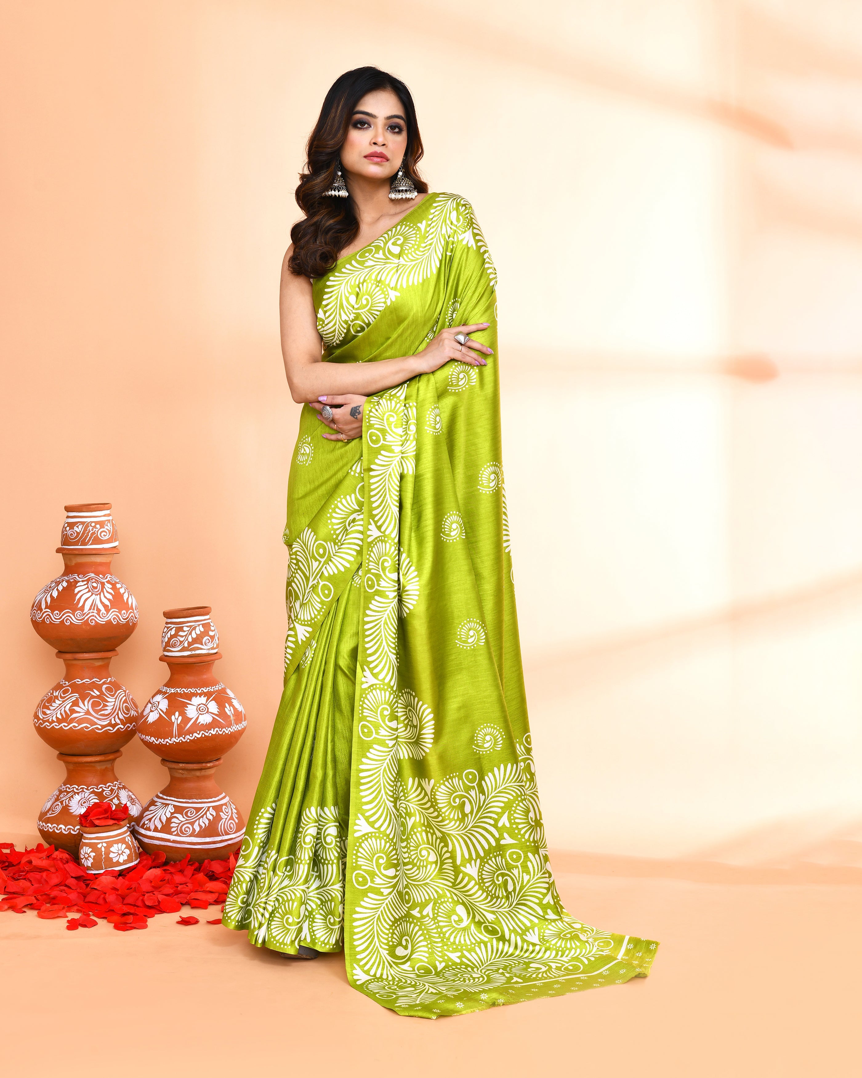 Olive Printed Cotton Saree with Matching Blouse