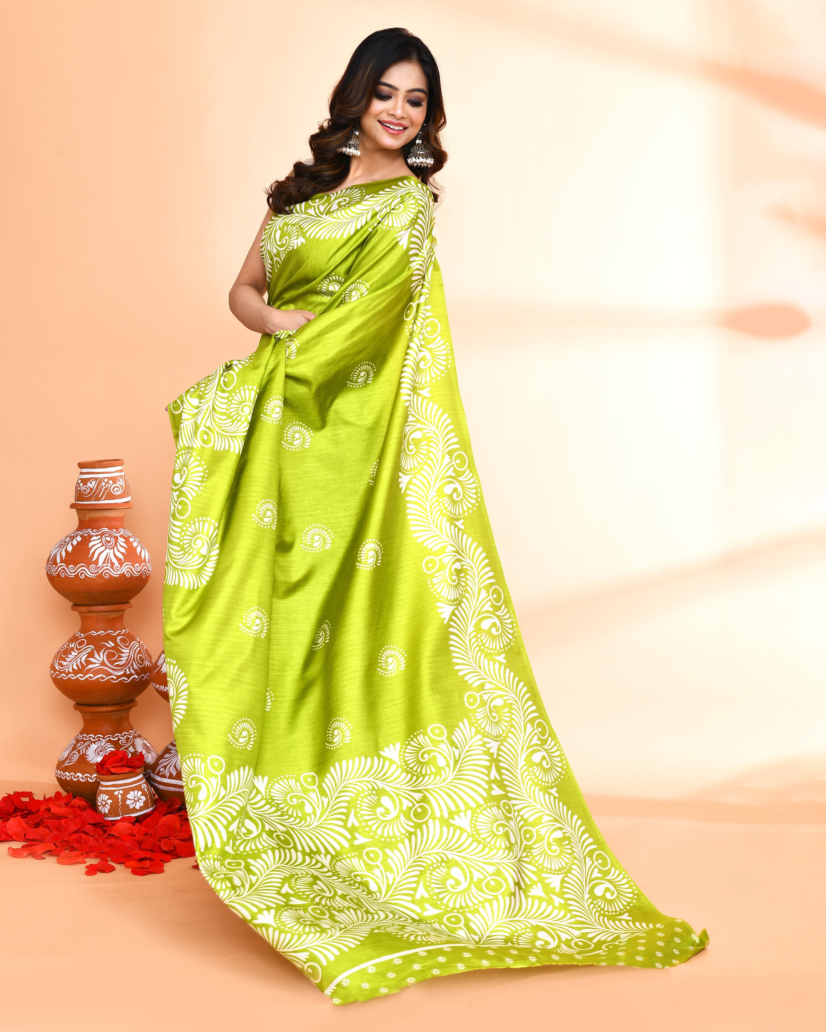 Olive Printed Cotton Saree with Matching Blouse