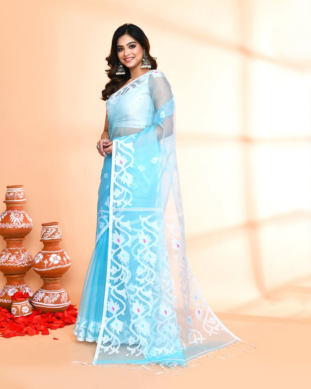 Aqua Art Silk Jamdani Saree with Hand Work Blouse