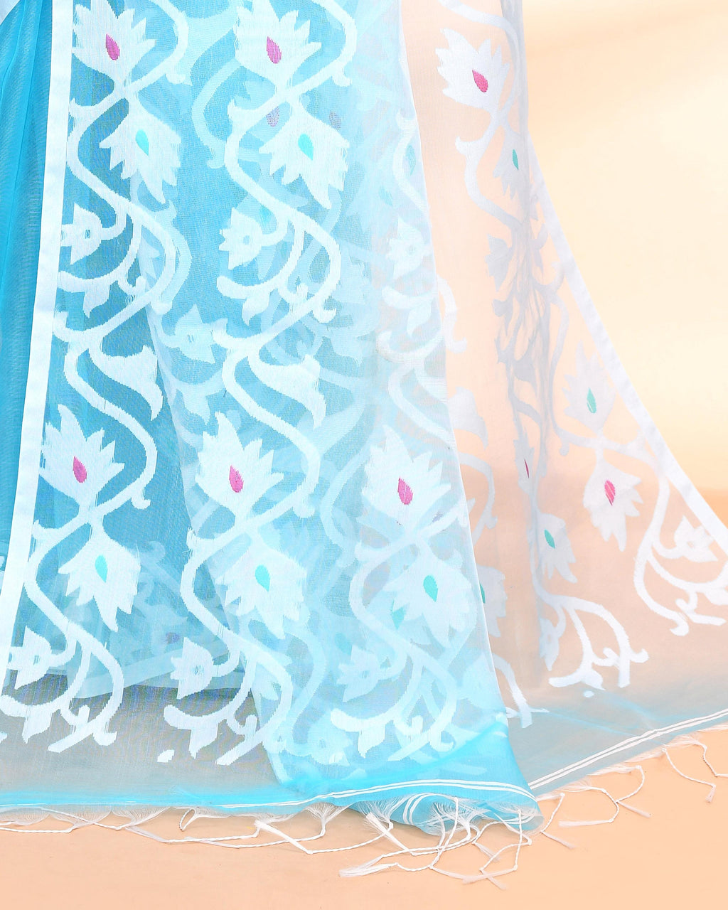 Aqua Art Silk Jamdani Saree with Hand Work Blouse