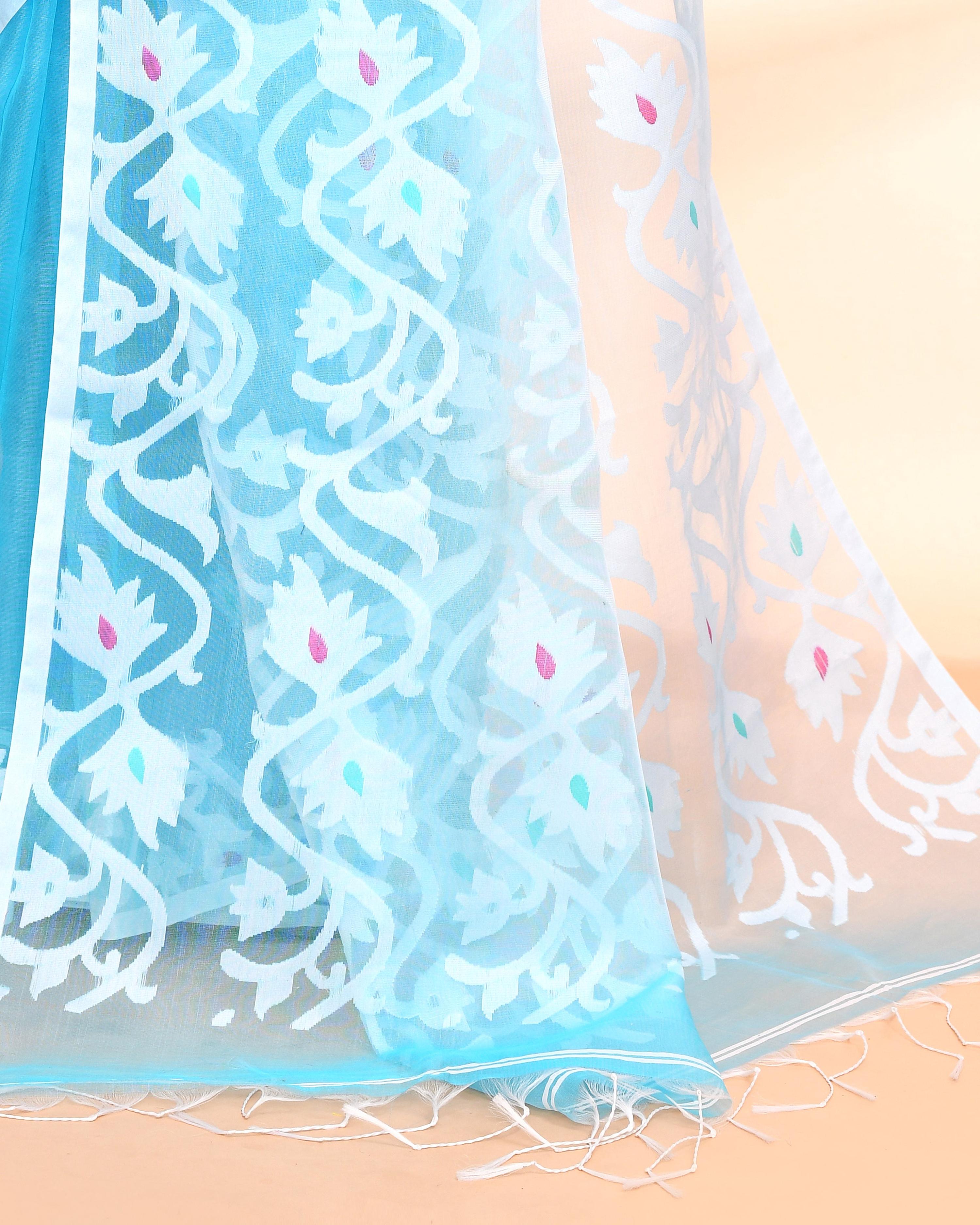 Aqua Art Silk Jamdani Saree with Hand Work Blouse