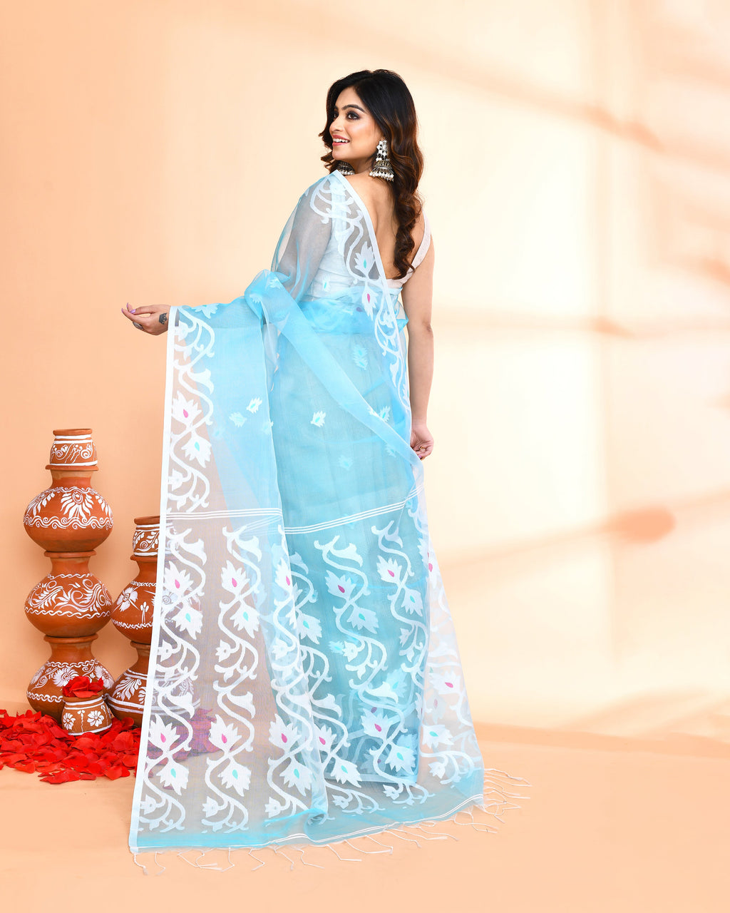 Aqua Art Silk Jamdani Saree with Hand Work Blouse